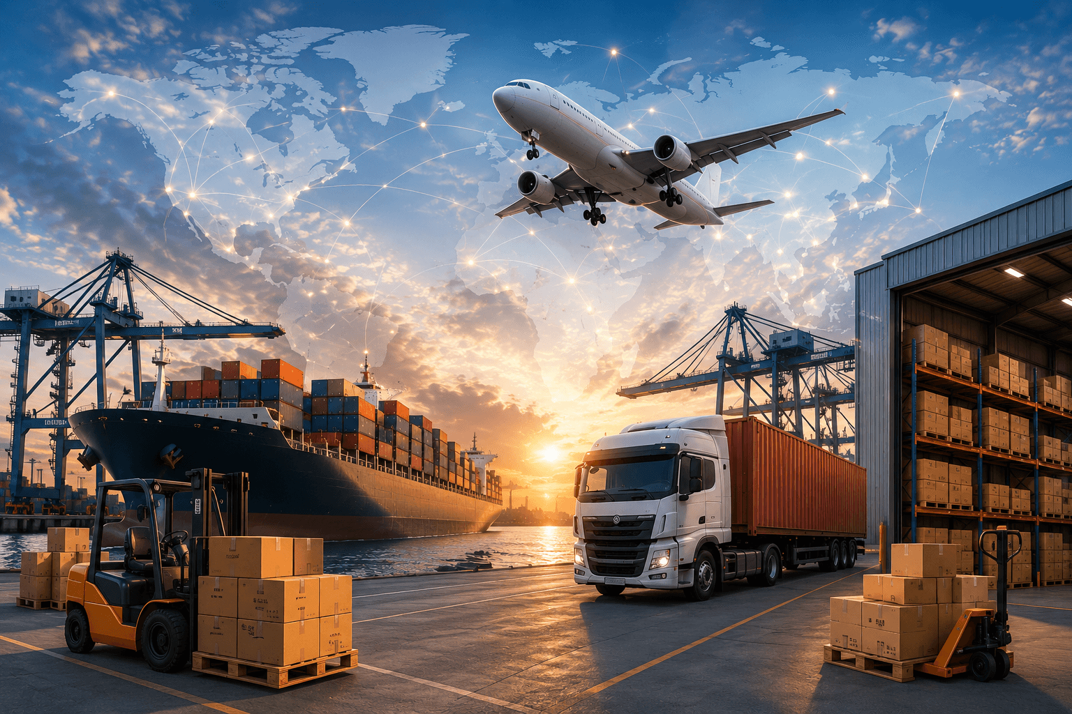 Kargo Kings freight network with plane, ship, truck, and warehouse